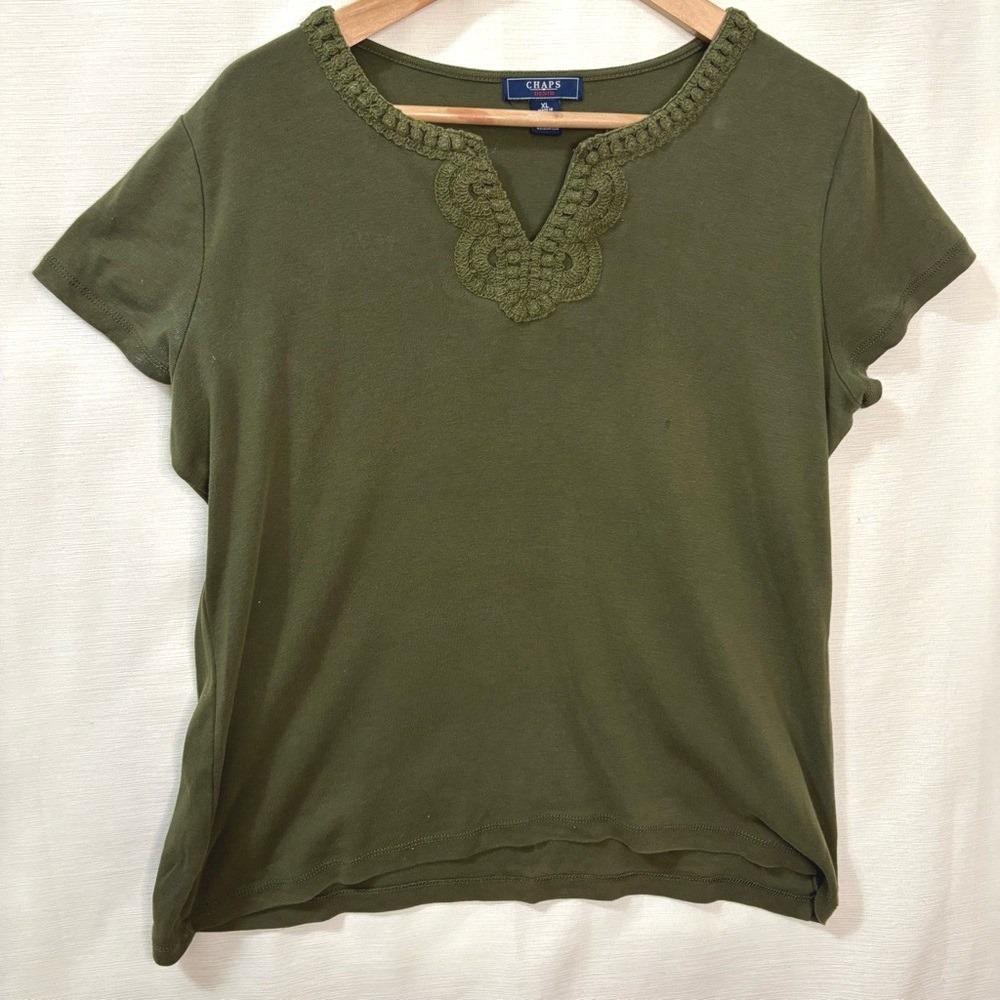 Chaps Denim Top‎ Women XL Olive Green Crochet Lace Split Neck Cotton Boho Casual